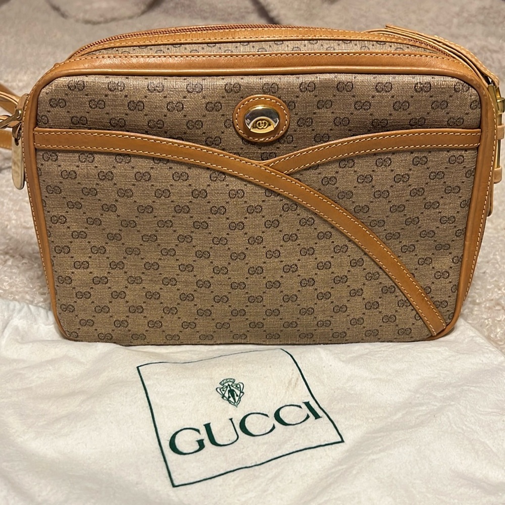 GUCCI VINTAGE MICRO GG BROWN AND TAN SHOULDER BAG with DUSTBAG